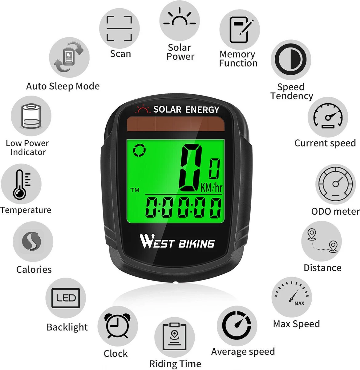 Draadloze Verlichte Fietscomputer - USB Oplaadbaar- Op Zonne- Energie - Kilometerteller - Klok - Calorie Teller - Snelheidsmeter - Auto Wake - IPX7 Waterdicht - 5 Talen - Met Verlichte LCD Display - Multifunctioneel - Inclusief Sensor - Zwart - Afbeelding 8