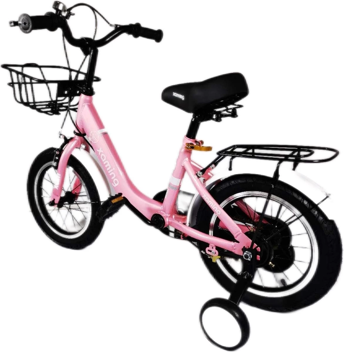 Kinderfiets -14 Inch Kinderfiets -vanaf 3-5 Jaar Jongens En Meisjes Fietsen -Terugtrap -Rem -Stabilisatoren(2 Zijwieltjes)-Mandje - Achterbank-de Bel-Roze - Afbeelding 2