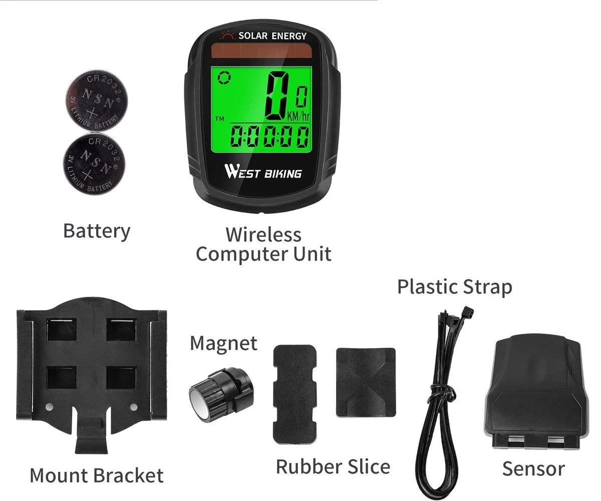 Draadloze Verlichte Fietscomputer - USB Oplaadbaar- Op Zonne- Energie - Kilometerteller - Klok - Calorie Teller - Snelheidsmeter - Auto Wake - IPX7 Waterdicht - 5 Talen - Met Verlichte LCD Display - Multifunctioneel - Inclusief Sensor - Zwart - Afbeelding 5