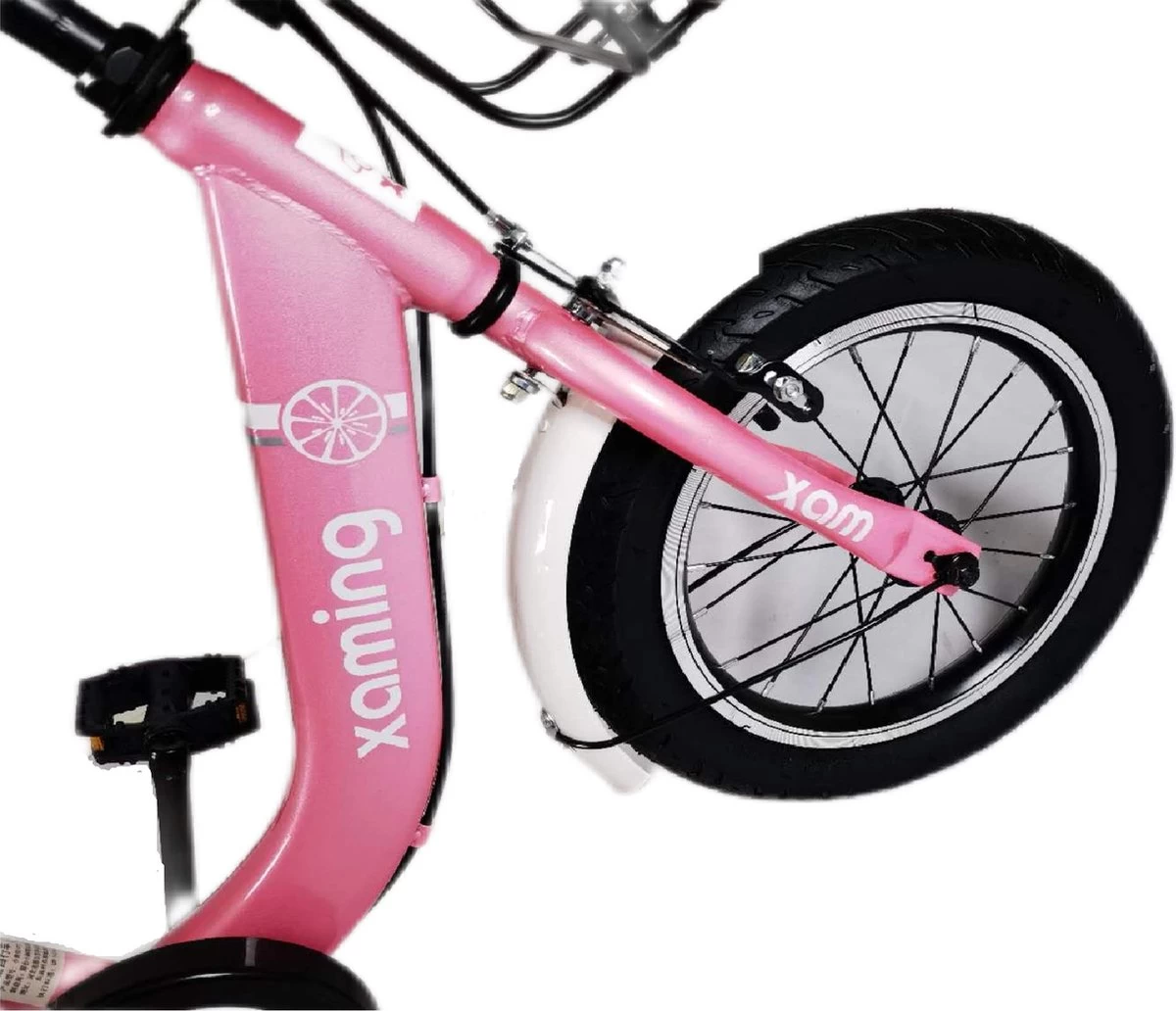 Kinderfiets -14 Inch Kinderfiets -vanaf 3-5 Jaar Jongens En Meisjes Fietsen -Terugtrap -Rem -Stabilisatoren(2 Zijwieltjes)-Mandje - Achterbank-de Bel-Roze - Afbeelding 6