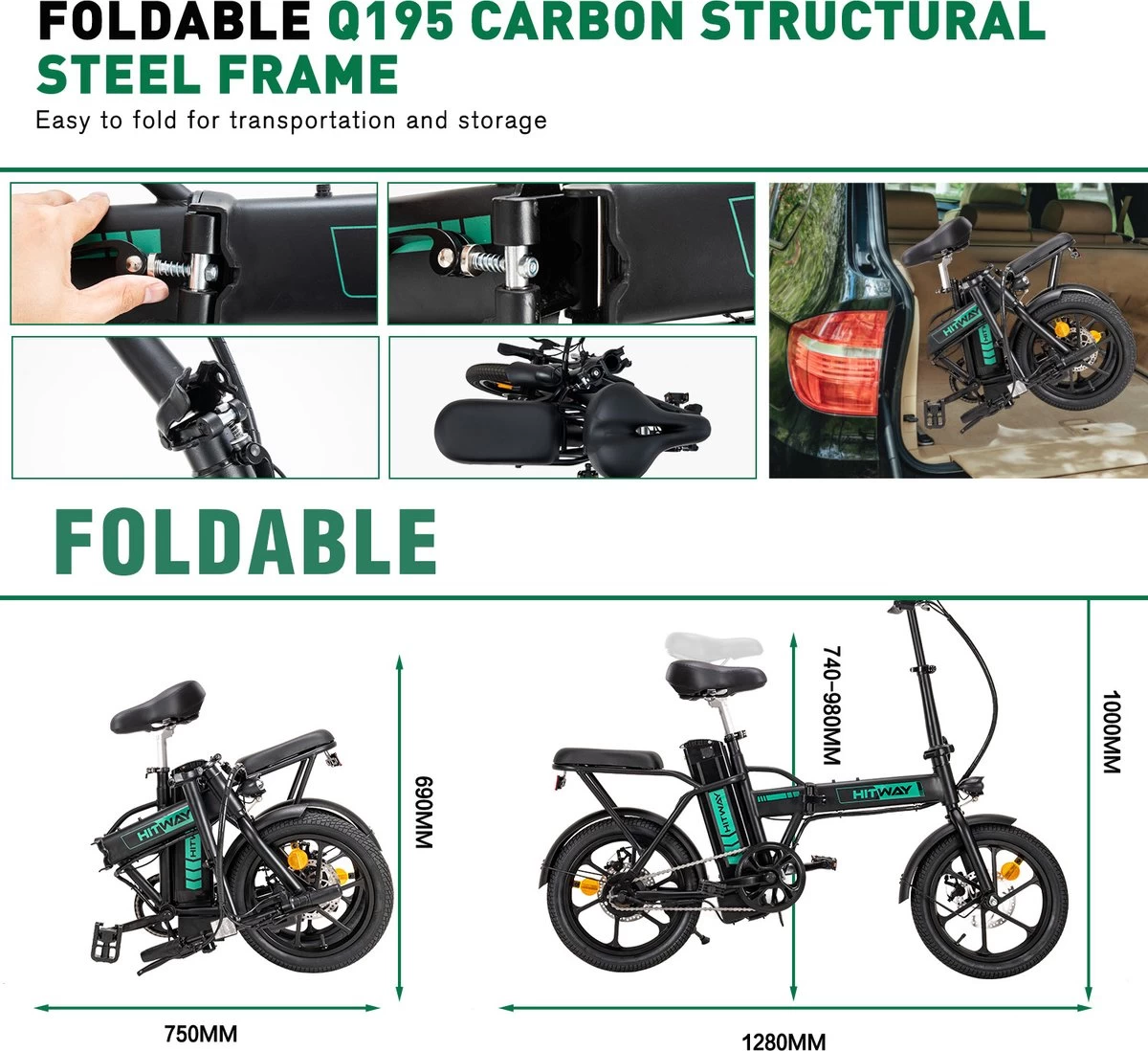 HITWAY Elektrische Fiets Met 36V 7.5Ah Verwijderbare Batterij, Bereik Tot 75 Km Lange Afstand Elektrische Fiets 16 Inch, 250W Achtermotor E-Citybike Holland Bike - Afbeelding 6