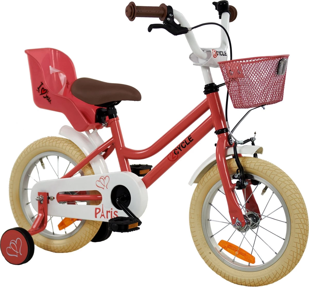 2Cycle Paris Meisjesfiets - 14 Inch - Roze-Wit - Met Poppenzitje - Meisjesfiets