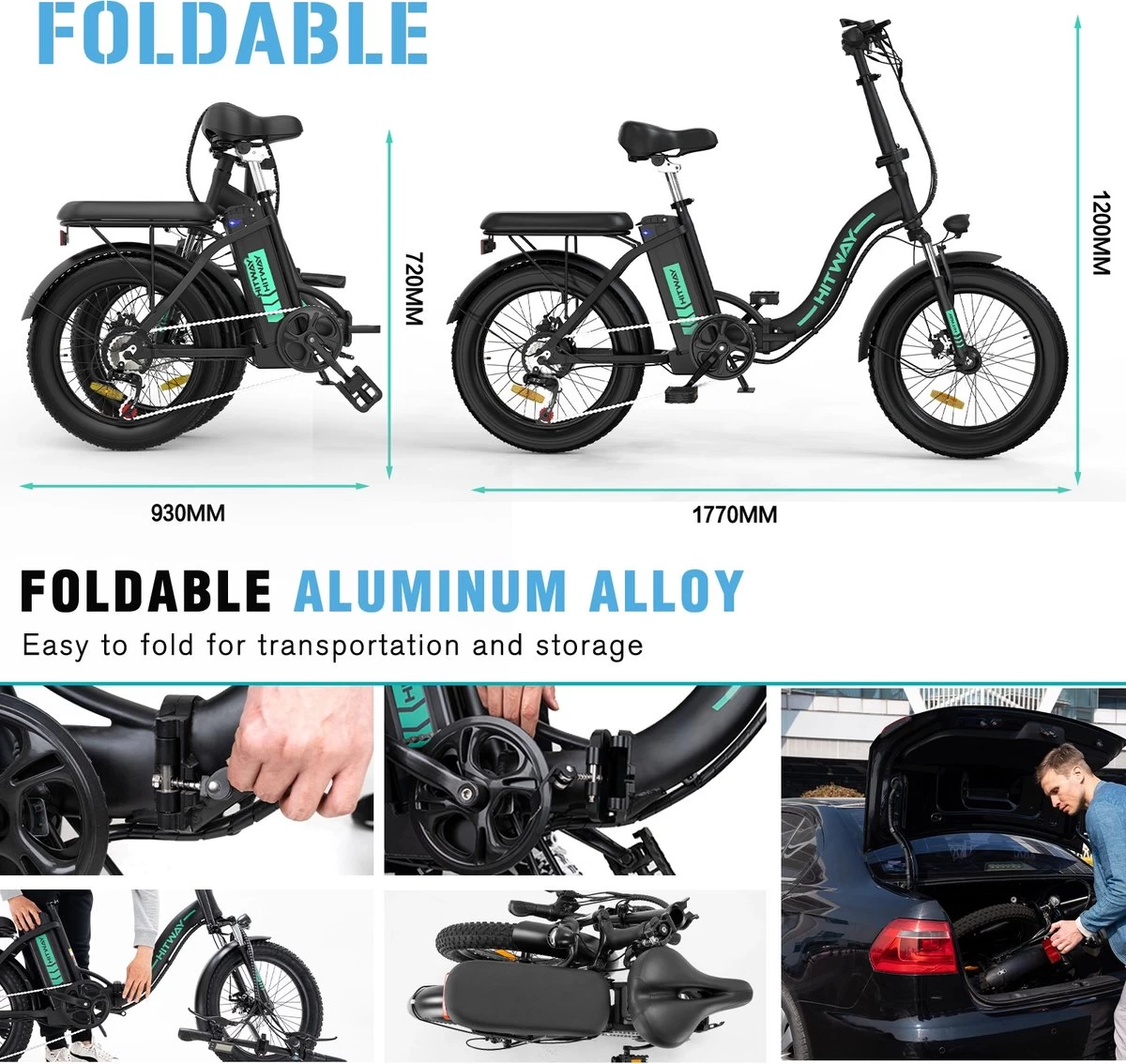 HITWAY E Bike Fat Tire Urban Opvouwbare Elektrische Fiets, 20 Inch, 250W/36V/11,2Ah Batterij Voor Heren En Dames - Afbeelding 4