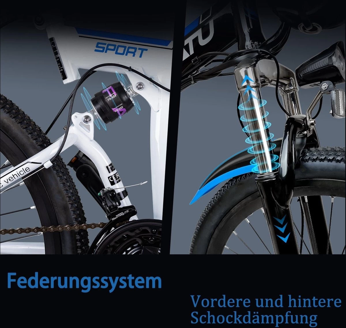 Myatu E-Bike 26-inch E-bike Voor Vrouwen En Mannen, Mountainbike Elektrische Fiets Met 36V 10.4AH Accu En Shimano 21 Versnellingen, 21 Versnellingen, Derailleur, 250 W-Zwart En Blauw - Afbeelding 2