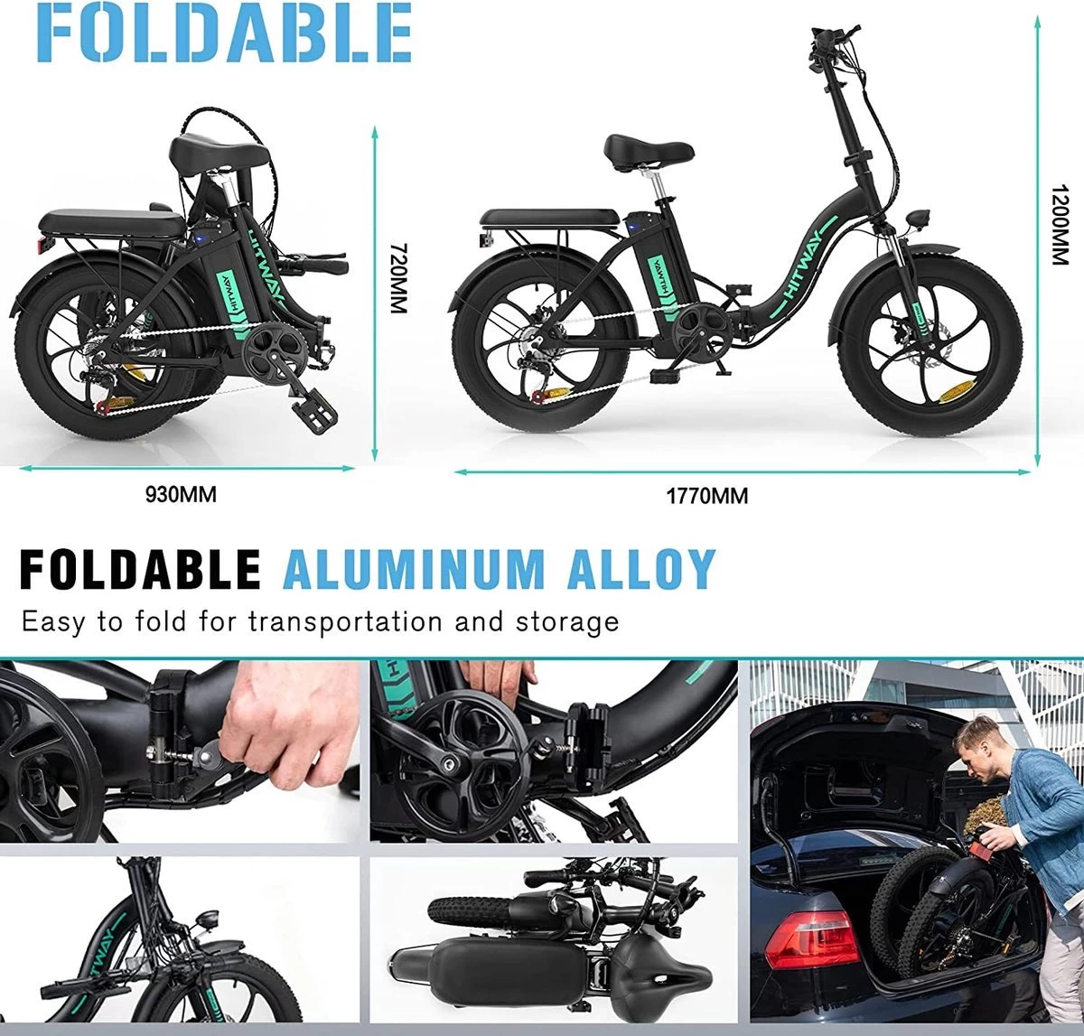 Hitway BK6 Elektrische Fiets | Opvouwbare E-bike | 20 Inch Fat Tire | 350W Motor | 10Ah | Zwart/Groen - Afbeelding 8