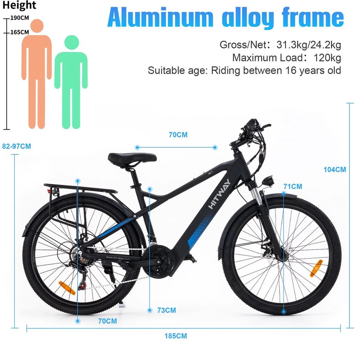 HITWAY 26" Elektrische Mountainbike, 35-70KM Power Assist-fietsen Voor Mannen En Vrouwen, 48V/7,5Ah/250W Krachtige E-bike - Afbeelding 3