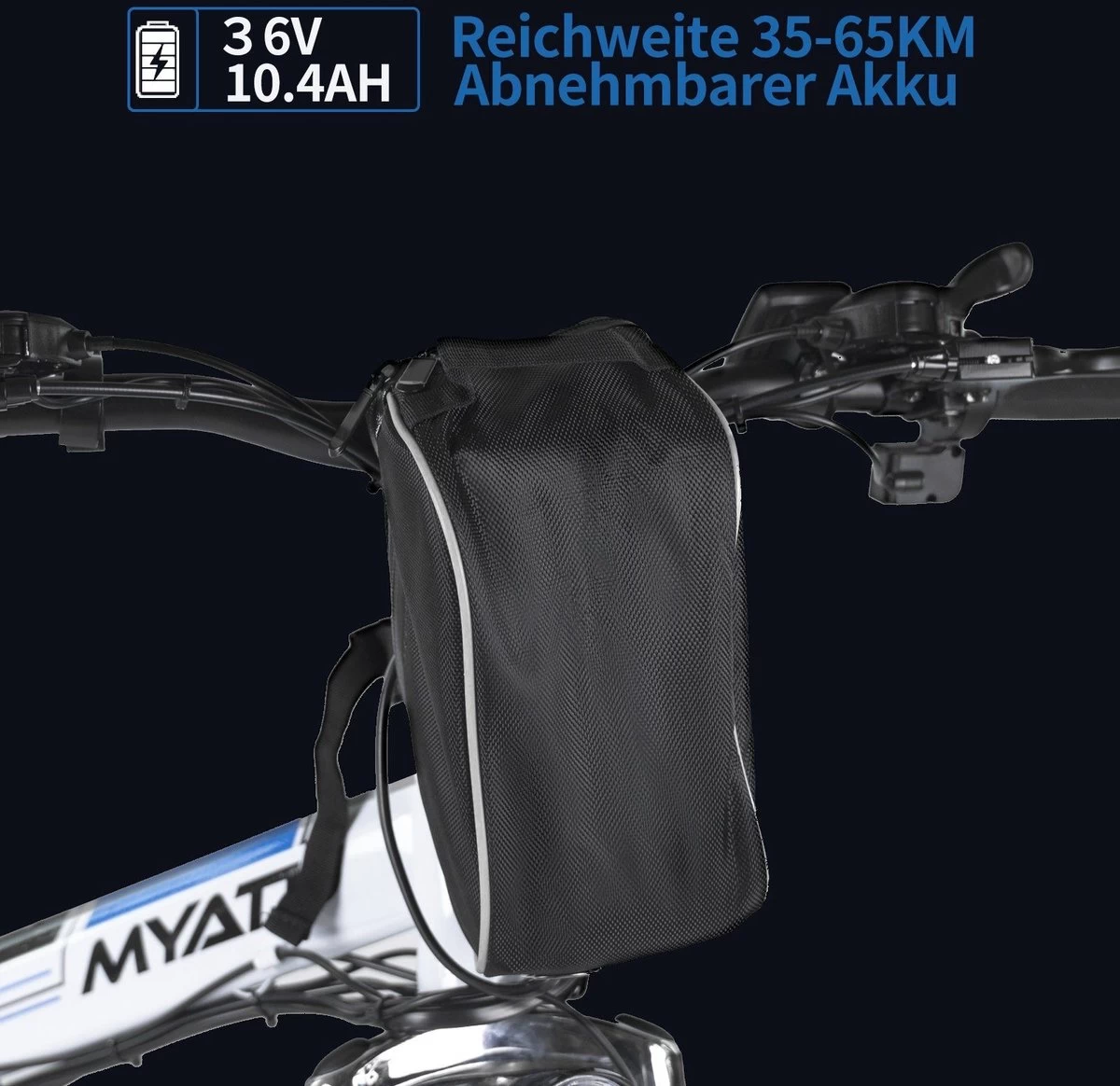 Myatu E-Bike 26-inch E-bike Voor Vrouwen En Mannen, Mountainbike Elektrische Fiets Met 36V 10.4AH Accu En Shimano 21 Versnellingen, 21 Versnellingen, Derailleur, 250 W-Zwart En Blauw - Afbeelding 3