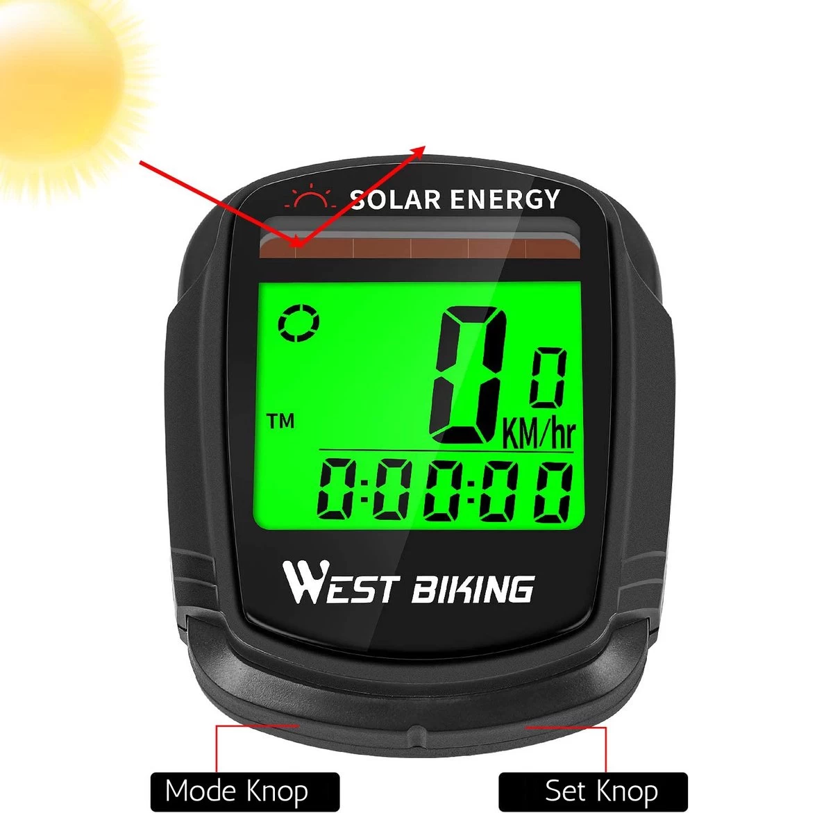 Draadloze Verlichte Fietscomputer - USB Oplaadbaar- Op Zonne- Energie - Kilometerteller - Klok - Calorie Teller - Snelheidsmeter - Auto Wake - IPX7 Waterdicht - 5 Talen - Met Verlichte LCD Display - Multifunctioneel - Inclusief Sensor - Zwart - Afbeelding 3