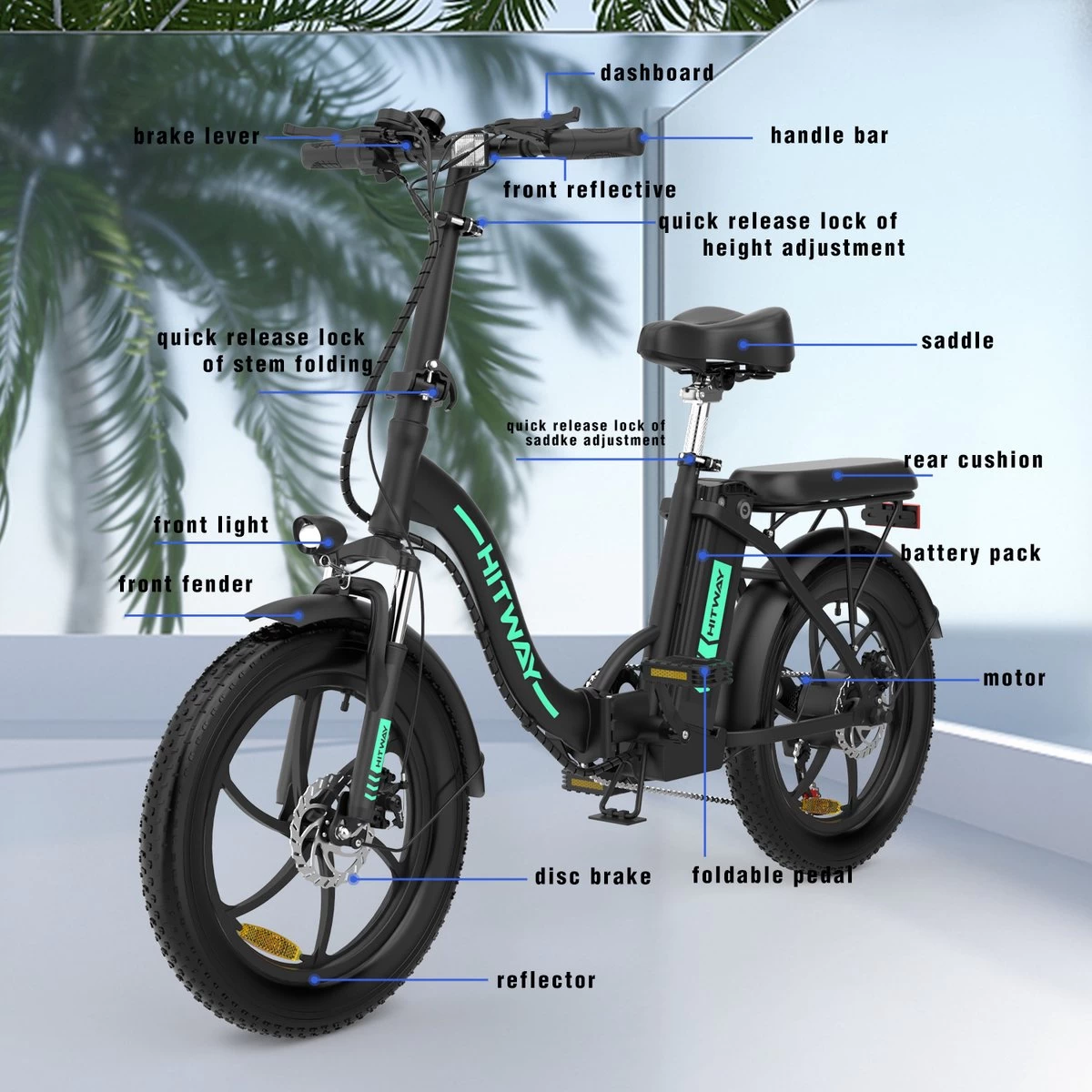 HITWAY Elektrische Fiets - E-Bike - 20 Inch- Fatbike - 250 W- Shimano 7 Versnellingen - Afbeelding 5
