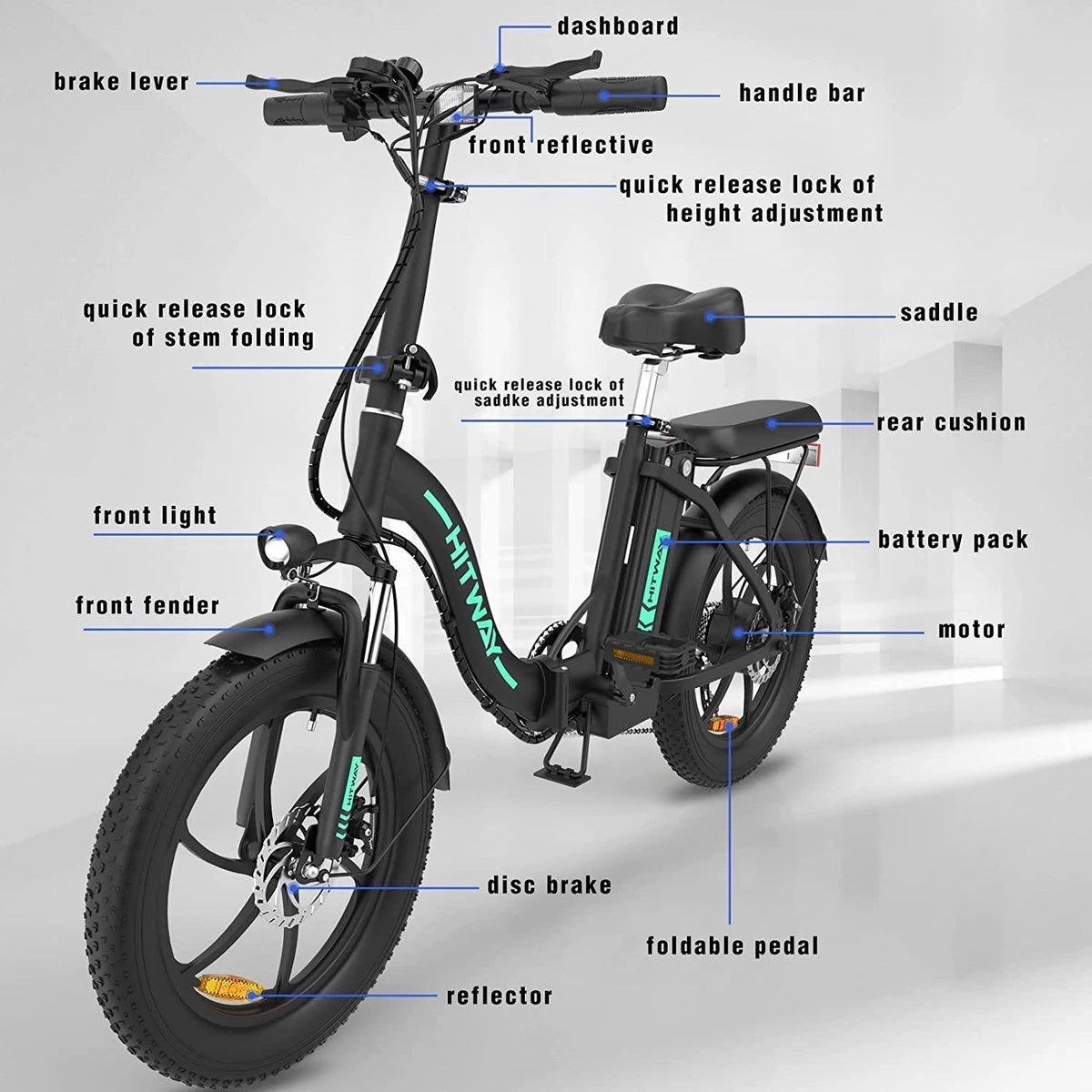 Hitway BK6 Elektrische Fiets | Opvouwbare E-bike | 20 Inch Fat Tire | 350W Motor | 10Ah | Zwart/Groen - Afbeelding 6