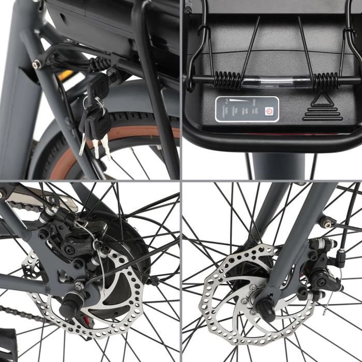 Elektrische Stadsfiets 26 '' (F264) - Stalen Frame - 6 Versnellingen Shimano - Schijfremmen - 10 Ah - Grijs - Afbeelding 2