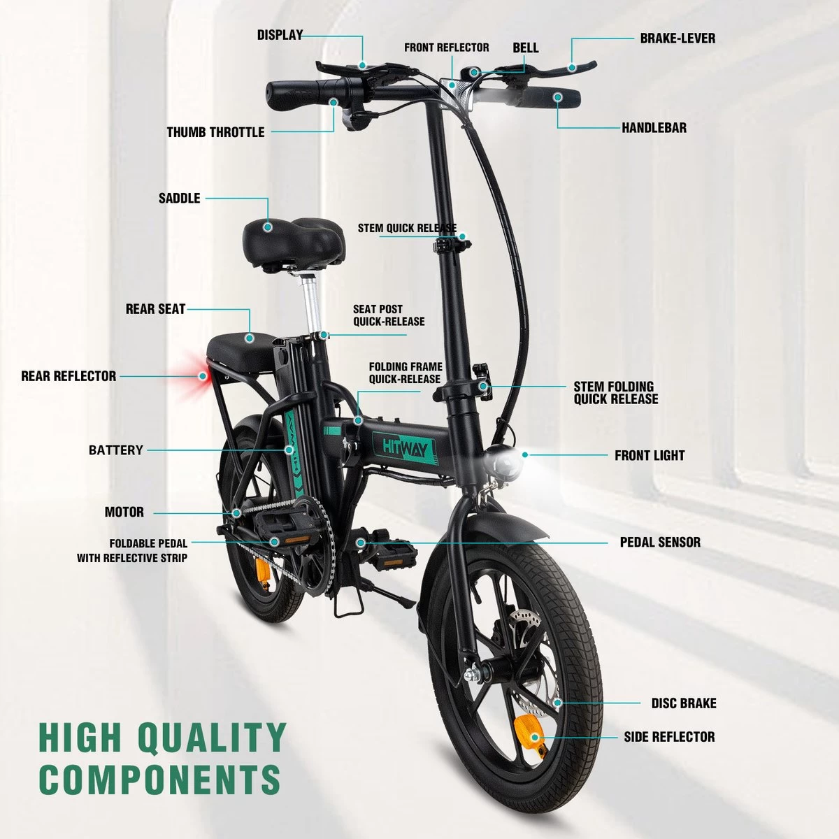 HITWAY E Bike Elektrische Fiets Vouwfiets, 36V/8.4Ah Batterij, 250W Motor, 25km/h, 35-70km, 16" City EBike Voor Heren En Dames - Afbeelding 3