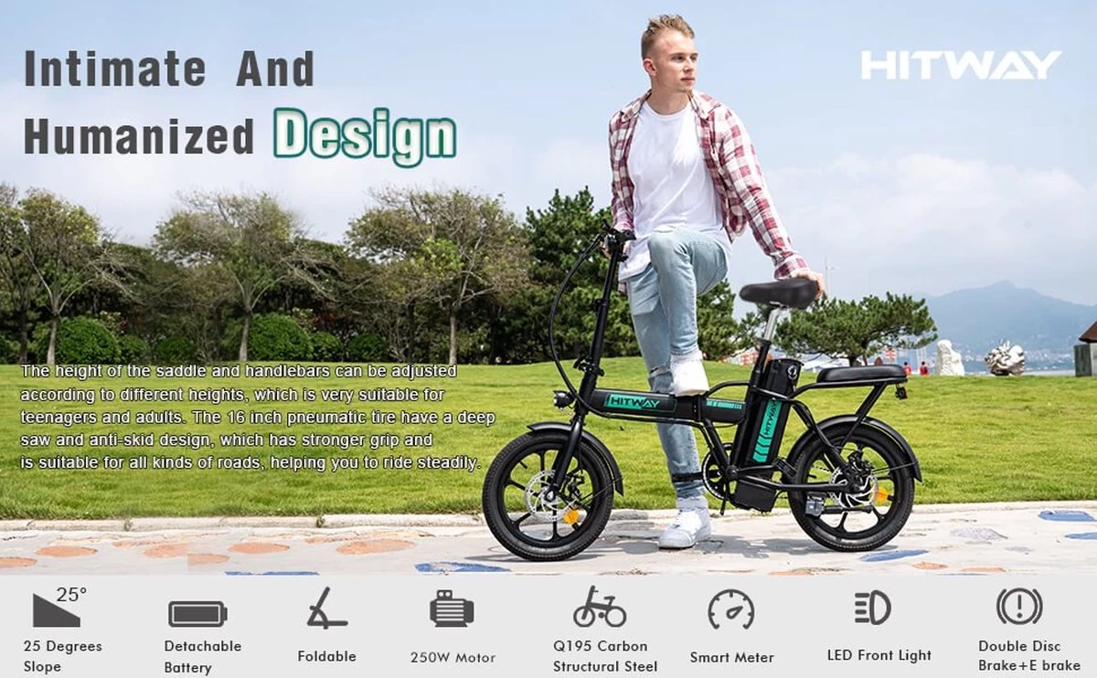 HITWAY E Bike Elektrische Fiets Vouwfiets, 36V/8.4Ah Batterij, 250W Motor, 25km/h, 35-70km, 16" City EBike Voor Heren En Dames - Afbeelding 6