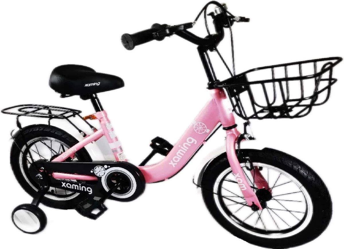 Kinderfiets -14 Inch Kinderfiets -vanaf 3-5 Jaar Jongens En Meisjes Fietsen -Terugtrap -Rem -Stabilisatoren(2 Zijwieltjes)-Mandje - Achterbank-de Bel-Roze - Afbeelding 5