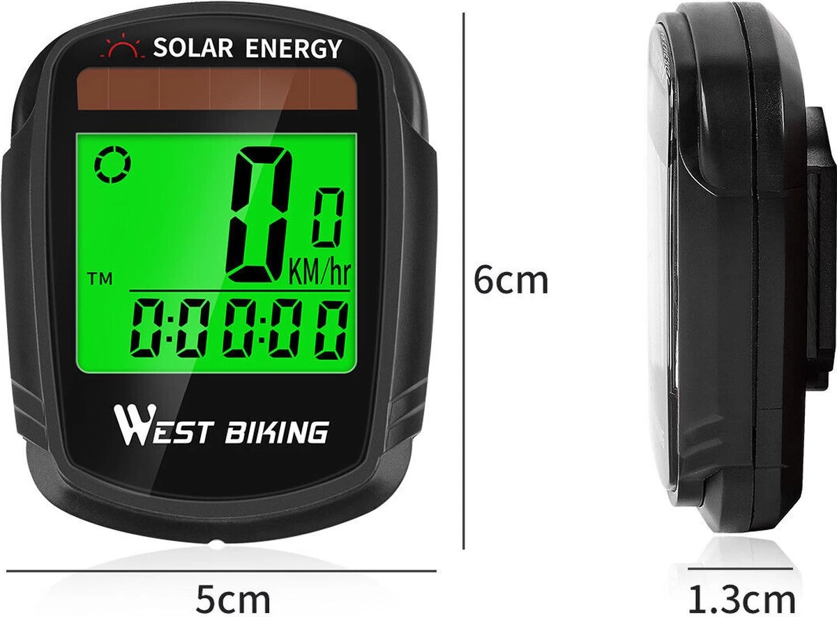 Draadloze Verlichte Fietscomputer - USB Oplaadbaar- Op Zonne- Energie - Kilometerteller - Klok - Calorie Teller - Snelheidsmeter - Auto Wake - IPX7 Waterdicht - 5 Talen - Met Verlichte LCD Display - Multifunctioneel - Inclusief Sensor - Zwart - Afbeelding 2