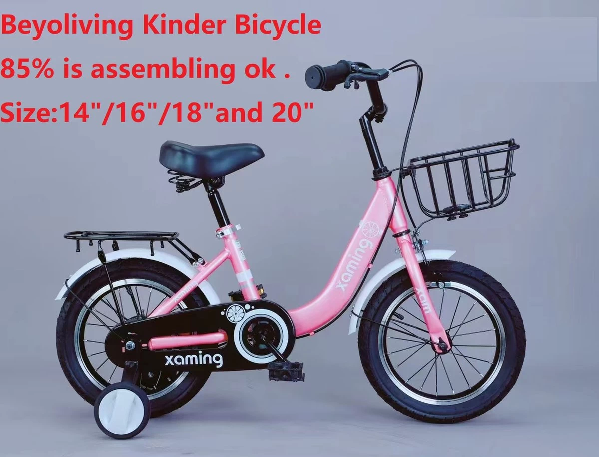 Kinderfiets -14 Inch Kinderfiets -vanaf 3-5 Jaar Jongens En Meisjes Fietsen -Terugtrap -Rem -Stabilisatoren(2 Zijwieltjes)-Mandje - Achterbank-de Bel-Roze
