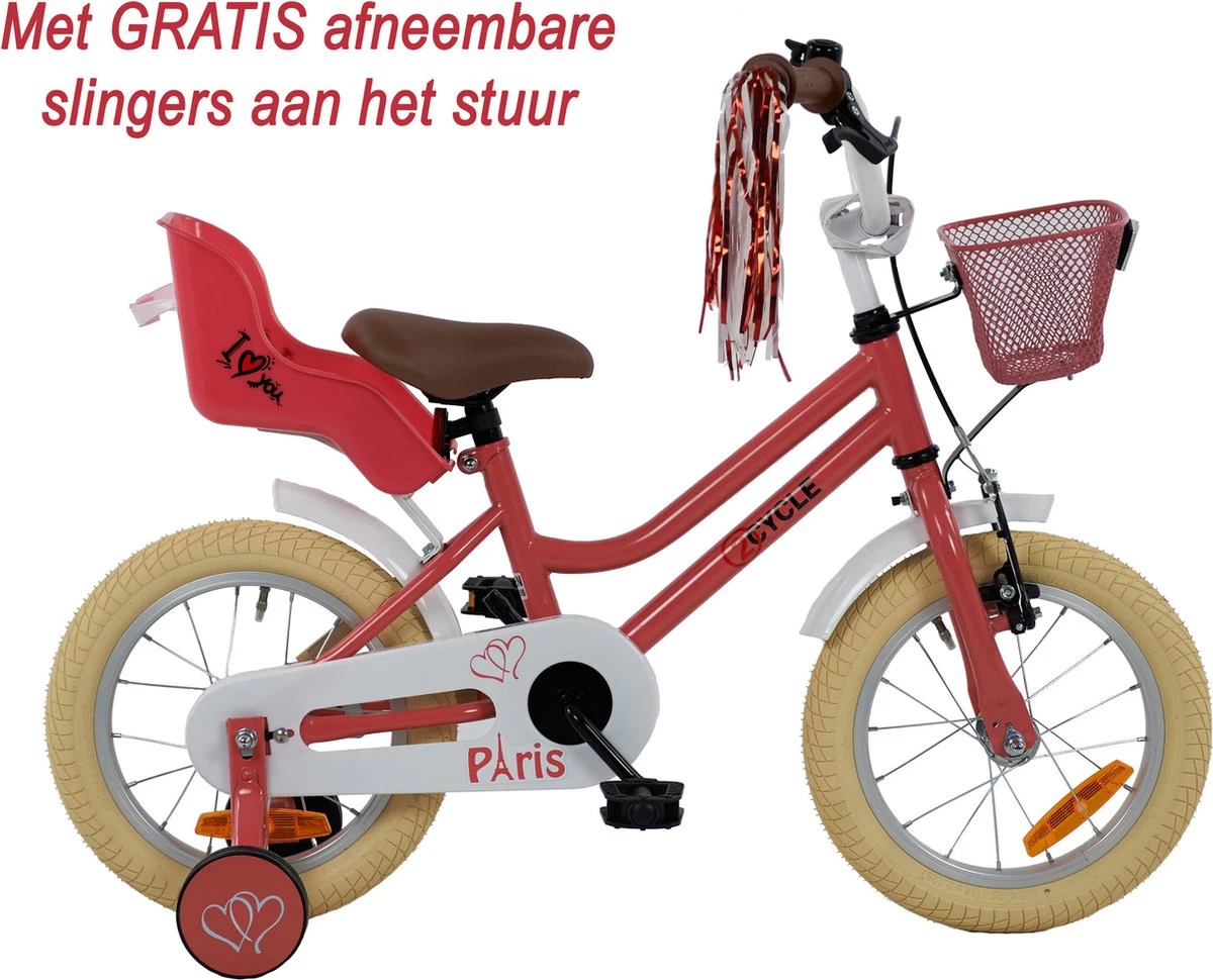 2Cycle Paris Meisjesfiets - 14 Inch - Roze-Wit - Met Poppenzitje - Meisjesfiets - Afbeelding 4